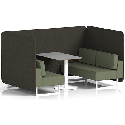 Brixworth 4 Seater Bench Booth With Table, White Legs, Grey Table With White Leg, Main Line Flax Fabric, Temple Panels And Monument Sofa