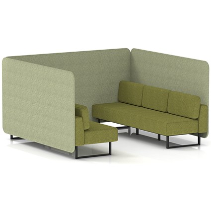 Brixworth 6 Seater Bench Booth, Black Legs, Rivet Fabric, Burnish Panels And Olive Sofa