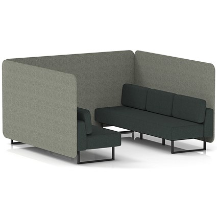 Brixworth 6 Seater Bench Booth, Black Legs, Rivet Fabric, Vitreous Panels And Charcoal Sofa
