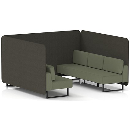 Brixworth 6 Seater Bench Booth, Black Legs, Main Line Flax Fabric, Temple Panels And Monument Sofa