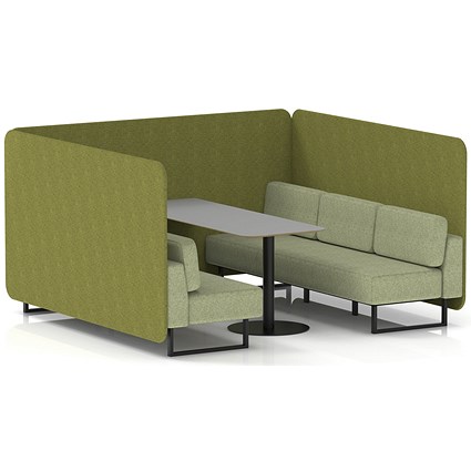 Brixworth 6 Seater Bench Booth With Table, Black Legs, Grey Table With Black Leg, Rivet Fabric, Olive Panels And Burnish Sofa