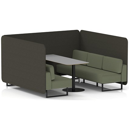 Brixworth 6 Seater Bench Booth With Table, Black Legs, Grey Table With Black Leg, Main Line Flax Fabric, Temple Panels And Monument Sofa