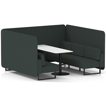 Brixworth 6 Seater Bench Booth With Table, Black Legs, White Table With Black Leg, Rivet Fabric, Charcoal Panels And Sofa