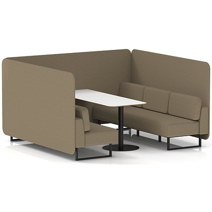 Brixworth 6 Seater Bench Booth With Table, Black Legs, White Table With Black Leg, Main Line Flax Fabric, Bank Panels And Sofa