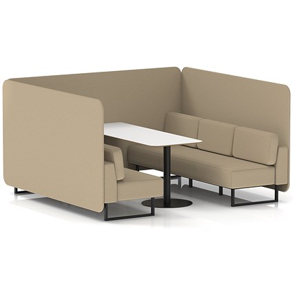 Brixworth 6 Seater Bench Booth With Table, Black Legs, White Table With Black Leg, Main Line Flax Fabric, Upminster Panels And Sofa