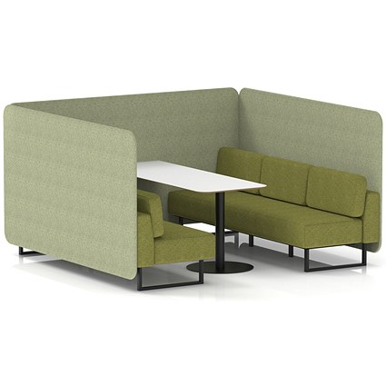 Brixworth 6 Seater Bench Booth With Table, Black Legs, White Table With Black Leg, Rivet Fabric, Burnish Panels And Olive Sofa