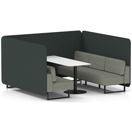 Brixworth 6 Seater Bench Booth With Table, Black Legs, White Table With Black Leg, Rivet Fabric, Charcoal Panels And Vitreous Sofa