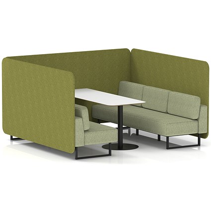 Brixworth 6 Seater Bench Booth With Table, Black Legs, White Table With Black Leg, Rivet Fabric, Olive Panels And Burnish Sofa