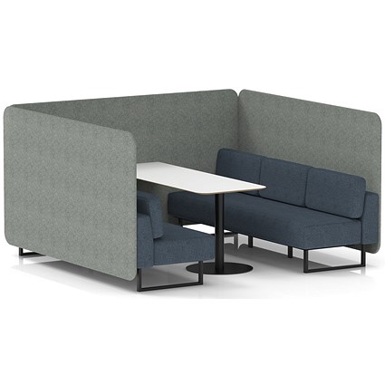 Brixworth 6 Seater Bench Booth With Table, Black Legs, White Table With Black Leg, Rivet Fabric, Prime Panels And Crucible Sofa