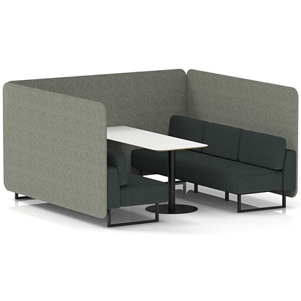 Brixworth 6 Seater Bench Booth With Table, Black Legs, White Table With Black Leg, Rivet Fabric, Vitreous Panels And Charcoal Sofa