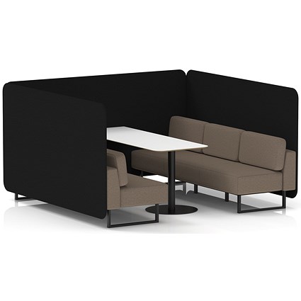 Brixworth 6 Seater Bench Booth With Table, Black Legs, White Table With Black Leg, X2 Fabric, Diameter Panels And Theory Sofa