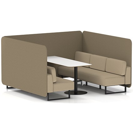 Brixworth 6 Seater Bench Booth With Table, Black Legs, White Table With Black Leg, Main Line Flax Fabric, Bank Panels And Upminster Sofa
