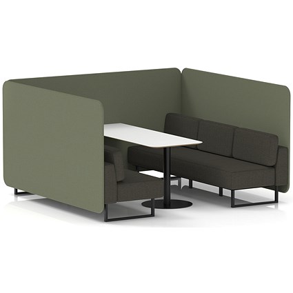 Brixworth 6 Seater Bench Booth With Table, Black Legs, White Table With Black Leg, Main Line Flax Fabric, Monument Panels And Temple Sofa