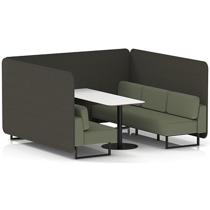 Brixworth 6 Seater Bench Booth With Table, Black Legs, White Table With Black Leg, Main Line Flax Fabric, Temple Panels And Monument Sofa