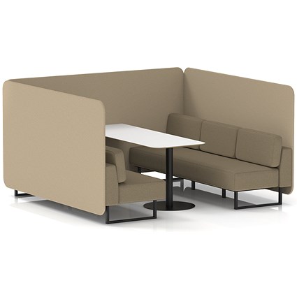 Brixworth 6 Seater Bench Booth With Table, Black Legs, White Table With Black Leg, Main Line Flax Fabric, Upminster Panels And Bank Sofa
