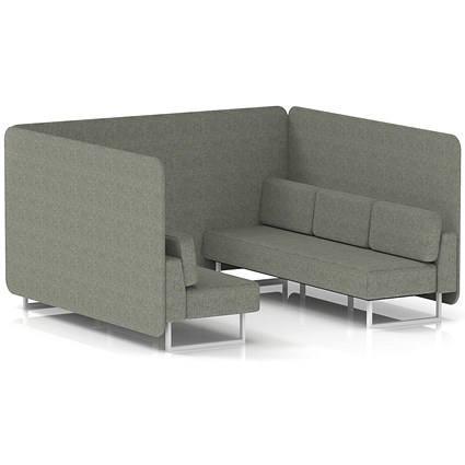 Brixworth 6 Seater Bench Booth, White Legs, Rivet Fabric, Vitreous Panels And Sofa