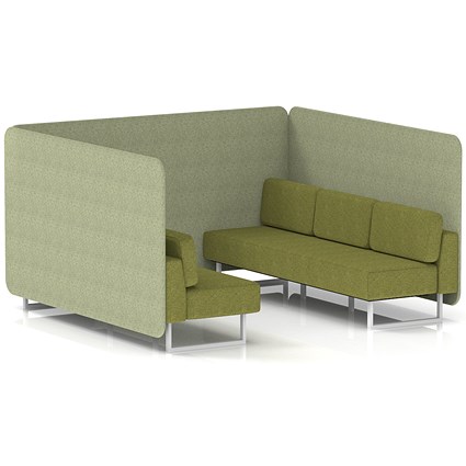 Brixworth 6 Seater Bench Booth, White Legs, Rivet Fabric, Burnish Panels And Olive Sofa
