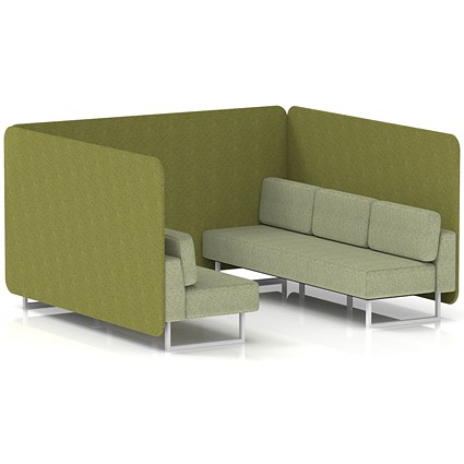 Brixworth 6 Seater Bench Booth, White Legs, Rivet Fabric, Olive Panels And Burnish Sofa