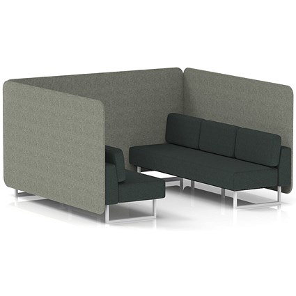 Brixworth 6 Seater Bench Booth, White Legs, Rivet Fabric, Vitreous Panels And Charcoal Sofa
