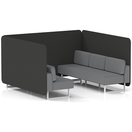 Brixworth 6 Seater Bench Booth, White Legs, Synergy Fabric, Mix Panels And Partner Sofa