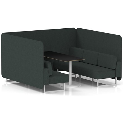 Brixworth 6 Seater Bench Booth With Table, White Legs, Black Table With White Leg, Rivet Fabric, Charcoal Panels And Sofa