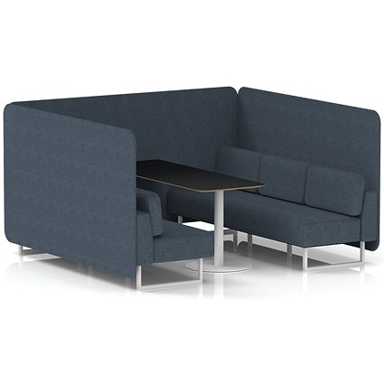 Brixworth 6 Seater Bench Booth With Table, White Legs, Black Table With White Leg, Rivet Fabric, Crucible Panels And Sofa