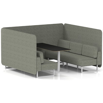 Brixworth 6 Seater Bench Booth With Table, White Legs, Black Table With White Leg, Rivet Fabric, Vitreous Panels And Sofa