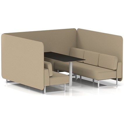 Brixworth 6 Seater Bench Booth With Table, White Legs, Black Table With White Leg, Main Line Flax Fabric, Upminster Panels And Sofa