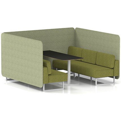 Brixworth 6 Seater Bench Booth With Table, White Legs, Black Table With White Leg, Rivet Fabric, Burnish Panels And Olive Sofa