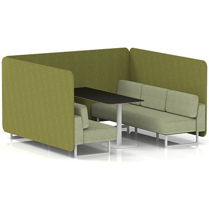 Brixworth 6 Seater Bench Booth With Table, White Legs, Black Table With White Leg, Rivet Fabric, Olive Panels And Burnish Sofa