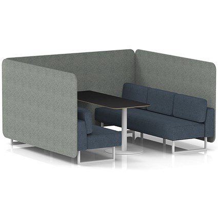 Brixworth 6 Seater Bench Booth With Table, White Legs, Black Table With White Leg, Rivet Fabric, Prime Panels And Crucible Sofa