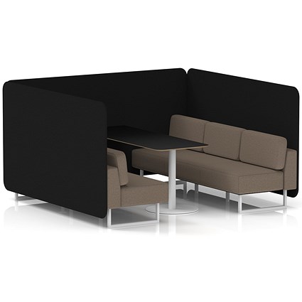 Brixworth 6 Seater Bench Booth With Table, White Legs, Black Table With White Leg, X2 Fabric, Diameter Panels And Theory Sofa
