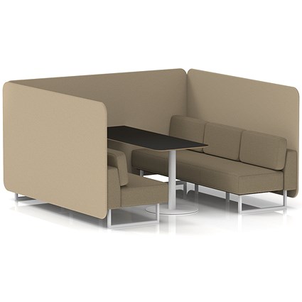 Brixworth 6 Seater Bench Booth With Table, White Legs, Black Table With White Leg, Main Line Flax Fabric, Upminster Panels And Bank Sofa