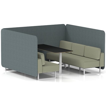 Brixworth 6 Seater Bench Booth With Table, White Legs, Black Table With White Leg, Main Line Flax Fabric, Westminster Panels And Newbury Sofa