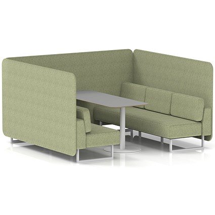 Brixworth 6 Seater Bench Booth With Table, White Legs, Grey Table With White Leg, Rivet Fabric, Burnish Panels And Sofa