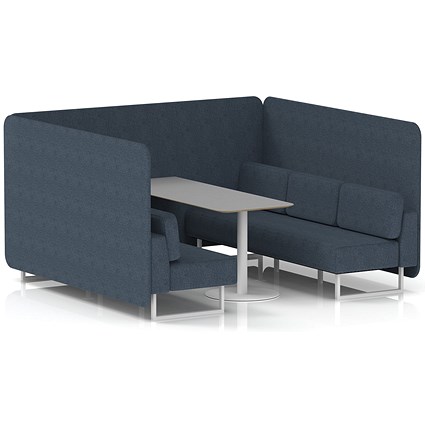 Brixworth 6 Seater Bench Booth With Table, White Legs, Grey Table With White Leg, Rivet Fabric, Crucible Panels And Sofa