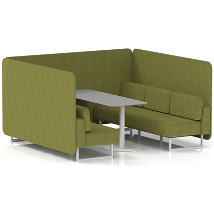 Brixworth 6 Seater Bench Booth With Table, White Legs, Grey Table With White Leg, Rivet Fabric, Olive Panels And Sofa