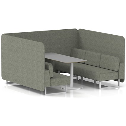 Brixworth 6 Seater Bench Booth With Table, White Legs, Grey Table With White Leg, Rivet Fabric, Vitreous Panels And Sofa