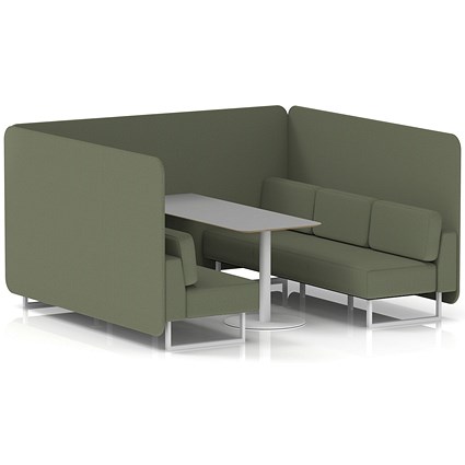 Brixworth 6 Seater Bench Booth With Table, White Legs, Grey Table With White Leg, Main Line Flax Fabric, Monument Panels And Sofa