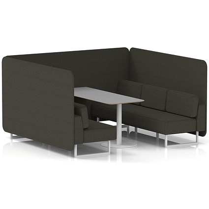Brixworth 6 Seater Bench Booth With Table, White Legs, Grey Table With White Leg, Main Line Flax Fabric, Temple Panels And Sofa