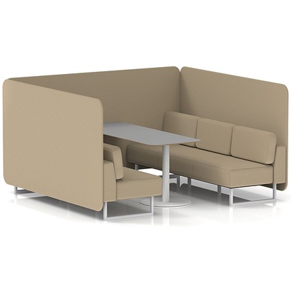 Brixworth 6 Seater Bench Booth With Table, White Legs, Grey Table With White Leg, Main Line Flax Fabric, Upminster Panels And Sofa