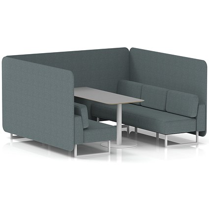 Brixworth 6 Seater Bench Booth With Table, White Legs, Grey Table With White Leg, Main Line Flax Fabric, Westminster Panels And Sofa