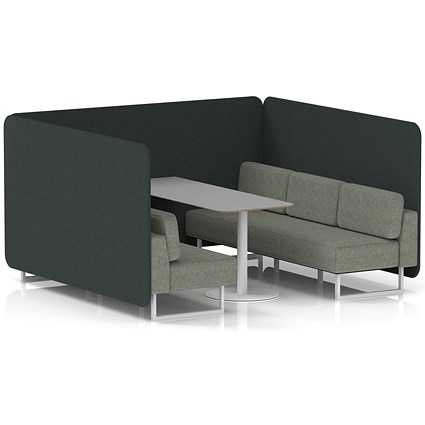 Brixworth 6 Seater Bench Booth With Table, White Legs, Grey Table With White Leg, Rivet Fabric, Charcoal Panels And Vitreous Sofa