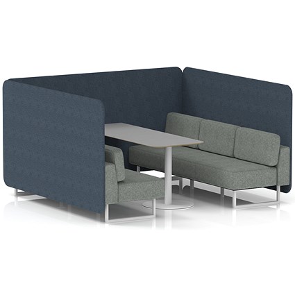 Brixworth 6 Seater Bench Booth With Table, White Legs, Grey Table With White Leg, Rivet Fabric, Crucible Panels And Prime Sofa