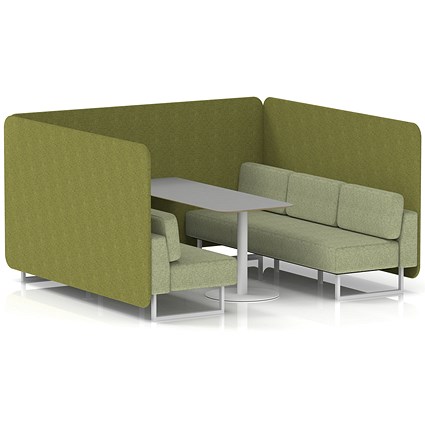 Brixworth 6 Seater Bench Booth With Table, White Legs, Grey Table With White Leg, Rivet Fabric, Olive Panels And Burnish Sofa