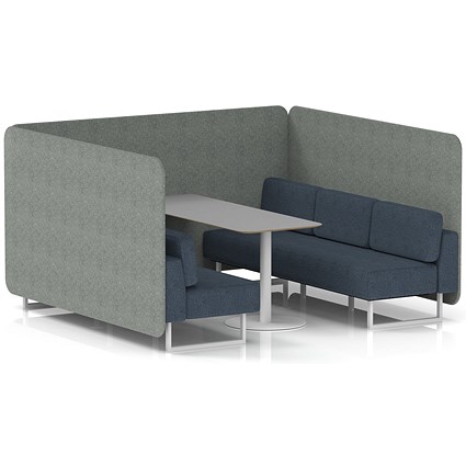 Brixworth 6 Seater Bench Booth With Table, White Legs, Grey Table With White Leg, Rivet Fabric, Prime Panels And Crucible Sofa
