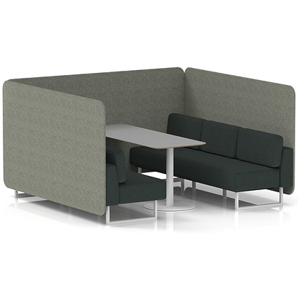 Brixworth 6 Seater Bench Booth With Table, White Legs, Grey Table With White Leg, Rivet Fabric, Vitreous Panels And Charcoal Sofa
