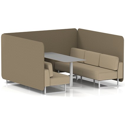 Brixworth 6 Seater Bench Booth With Table, White Legs, Grey Table With White Leg, Main Line Flax Fabric, Bank Panels And Upminster Sofa