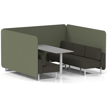 Brixworth 6 Seater Bench Booth With Table, White Legs, Grey Table With White Leg, Main Line Flax Fabric, Monument Panels And Temple Sofa