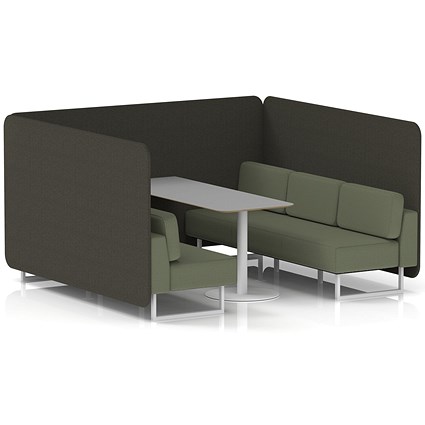 Brixworth 6 Seater Bench Booth With Table, White Legs, Grey Table With White Leg, Main Line Flax Fabric, Temple Panels And Monument Sofa